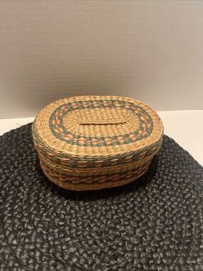 Hand Woven Oval sweet grass Basket with Green and red Accents